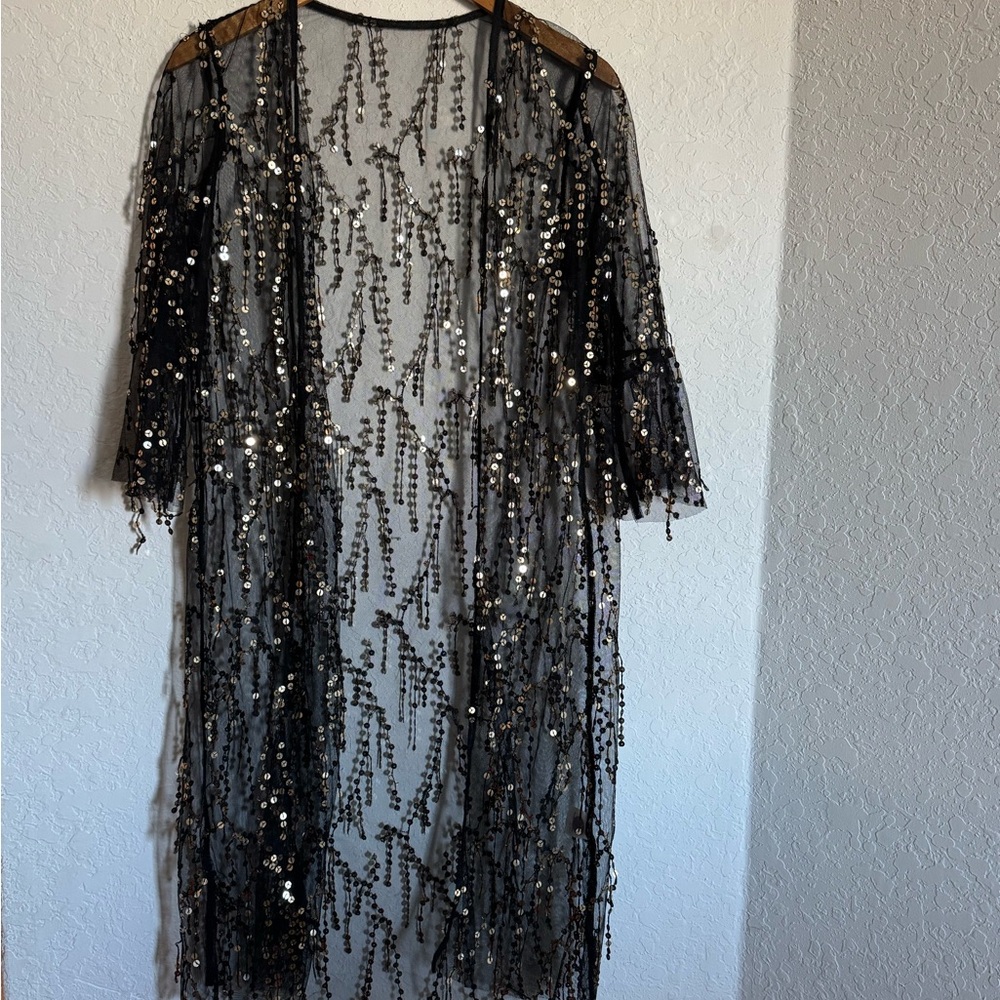 Black Sequin Sheer Kimono